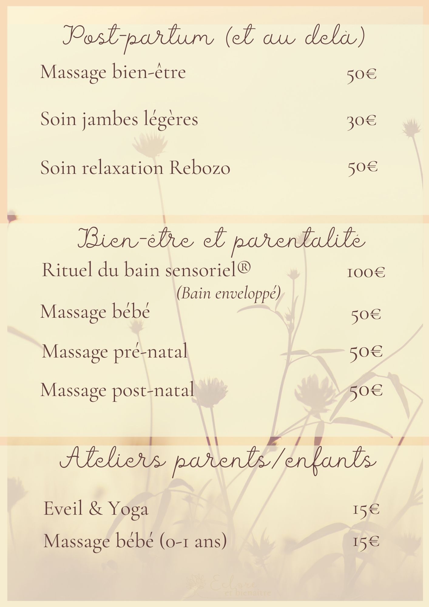 Tarifs Bien-être en famille Accompagnante parentale Frelinghien - Verlinghem - Wambrechies - Armentières - Houplines - Comines - Deulémont Accompagnement parental Jeunes Parents Ateliers parents enfants Prestations bien-être Massages femme enceinte Massages bébé Réflexologie bébé